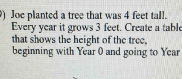 Joe planted a tree that was 4 feet tall. 
Every year it grows 3 feet. Create a table 
that shows the height of the tree, 
beginning with Year 0 and going to Year