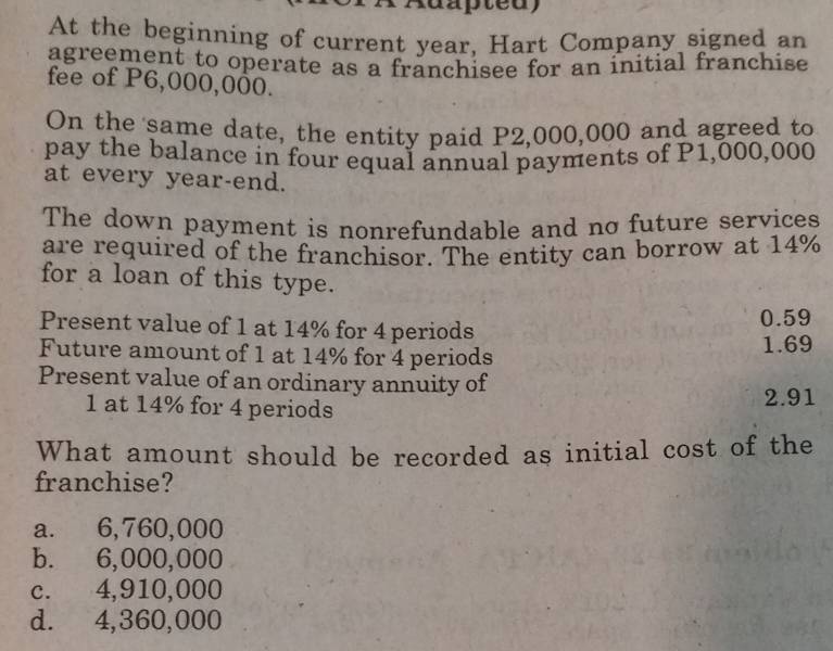 dapted)
At the beginning of current year, Hart Company signed an
agreement to operate as a franchisee for an initial franchise
fee of P6,000,000.
On the same date, the entity paid P2,000,000 and agreed to
pay the balance in four equal annual payments of P1,000,000
at every year -end.
The down payment is nonrefundable and no future services
are required of the franchisor. The entity can borrow at 14%
for a loan of this type.
Present value of 1 at 14% for 4 periods 0.59
Future amount of 1 at 14% for 4 periods 1.69
Present value of an ordinary annuity of
1 at 14% for 4 periods 2.91
What amount should be recorded as initial cost of the
franchise?
a. 6,760,000
b. 6,000,000
c. 4,910,000
d. 4,360,000