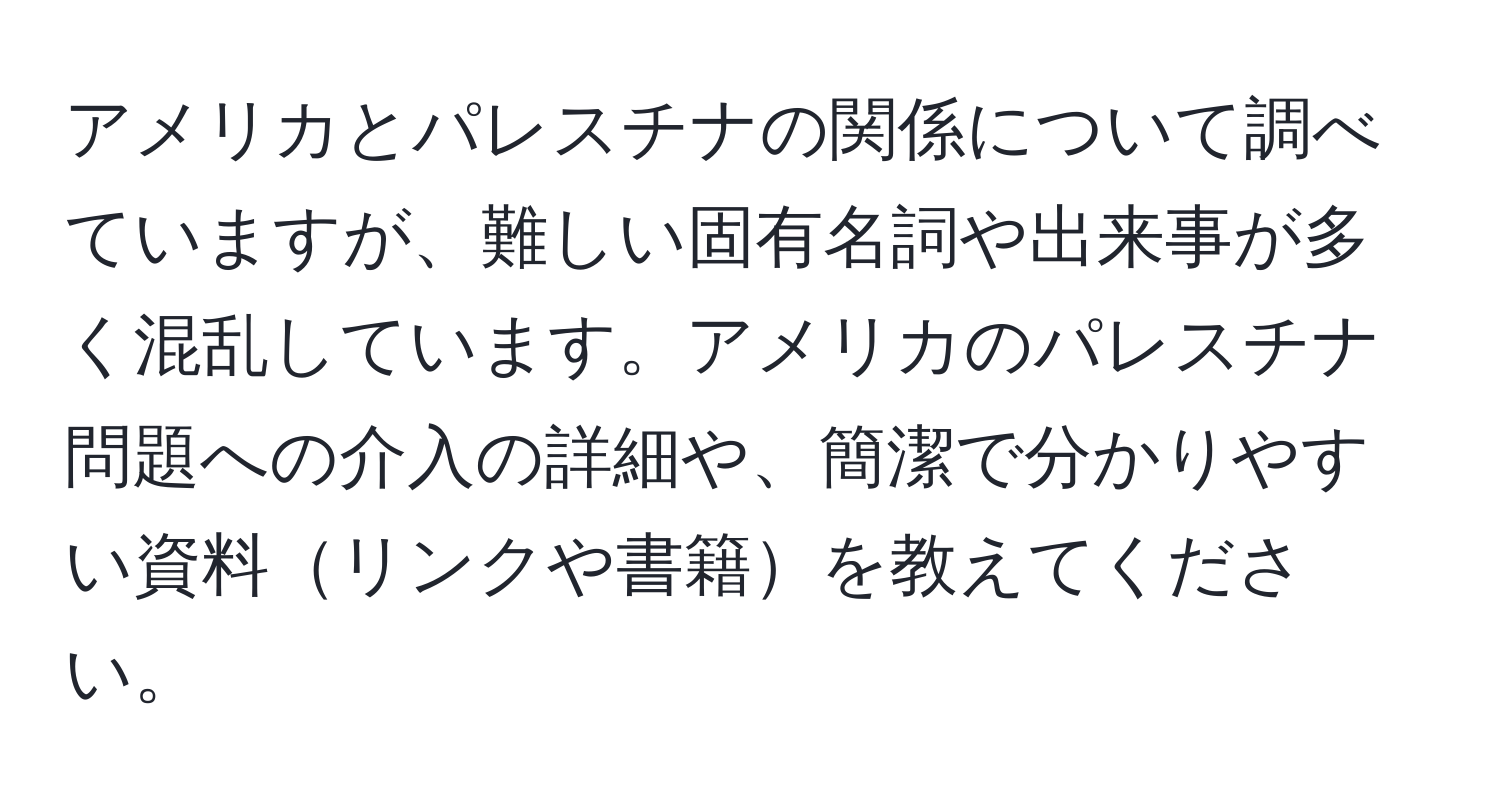 アメリカとパレスチナの関係について調べていますが、難しい固有名詞や出来事が多く混乱しています。アメリカのパレスチナ問題への介入の詳細や、簡潔で分かりやすい資料リンクや書籍を教えてください。