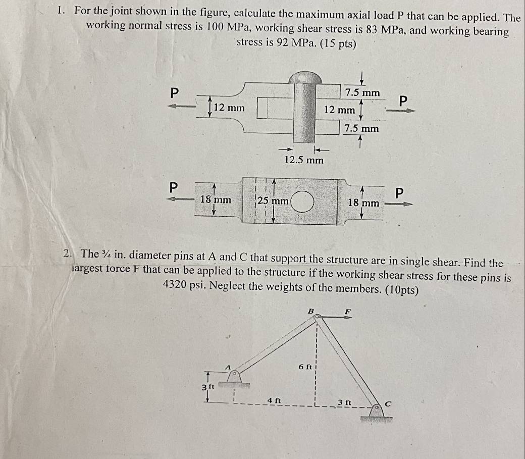 Solved: For the joint shown in the figure, calculate the maximum axial ...