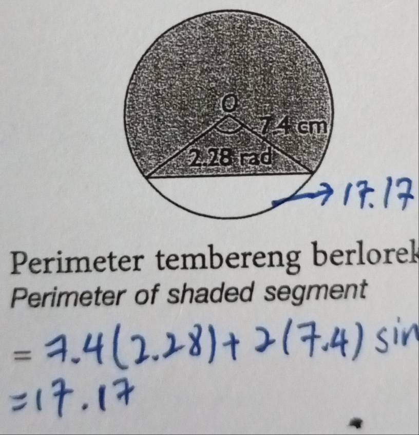 Perimeter tembereng berlorek 
Perimeter of shaded segment 
=