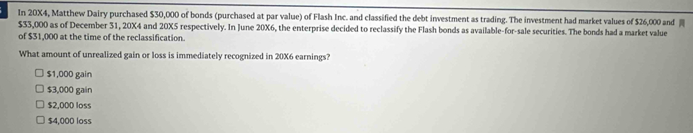 In 20X4, Matthew Dairy purchased $30,000 of bonds (purchased at par value) of Flash Inc. and classified the debt investment as trading. The investment had market values of $26,000 and
$33,000 as of December 31, 20X4 and 20X5 respectively. In June 20X6, the enterprise decided to reclassify the Flash bonds as available-for-sale securities. The bonds had a market value
of $31,000 at the time of the reclassification.
What amount of unrealized gain or loss is immediately recognized in 20X6 earnings?
$1,000 gain
$3,000 gain
$2,000 loss
$4,000 loss