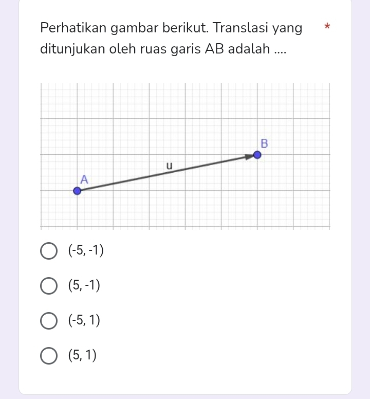 Perhatikan gambar berikut. Translasi yang *
ditunjukan oleh ruas garis AB adalah ....
(-5,-1)
(5,-1)
(-5,1)
(5,1)