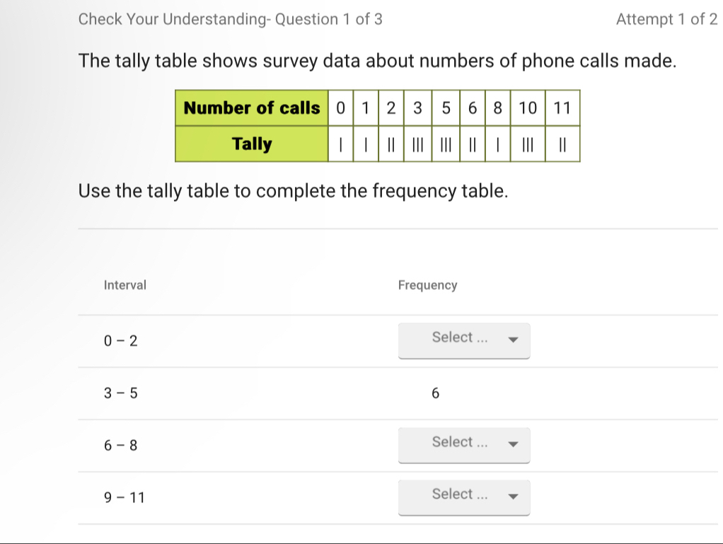 Check Your Understanding- Question 1 of 3 Attempt 1 of 2 
The tally table shows survey data about numbers of phone calls made. 
Use the tally table to complete the frequency table. 
Interval Frequency
0-2
Select ...
3-5
6
6-8
Select ...
9-11 Select ...