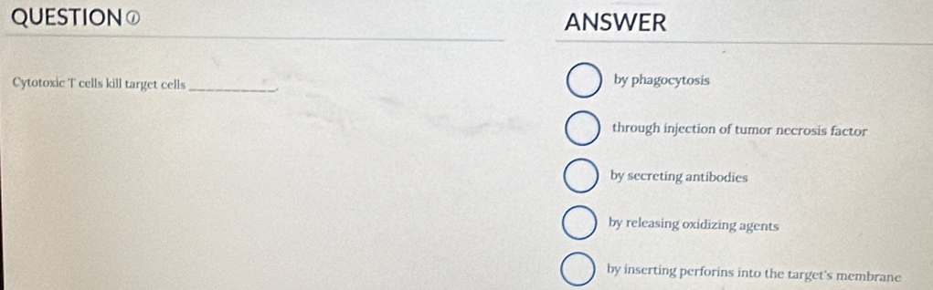 QUESTION① ANSWER
Cytotoxic T cells kill target cells_ by phagocytosis
through injection of tumor necrosis factor
by secreting antibodies
by releasing oxidizing agents
by inserting perforins into the target's membrane