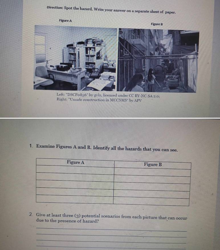 Direction: Spot the hazard. Write your answer on a separate sheet of paper. 
Figure A 
Left: ''DSCF0856'' by gvlx, licensed under CC BY-NC-SA 2.0; 
Right: "Unsafe construction in MCCNHS" by APV 
1. Examine Figures A and B. Identify all the hazards that you can see. 
2. Give at least three (3) potential scenarios from each picture that can occur 
due to the presence of hazard? 
_ 
_ 
_ 
_