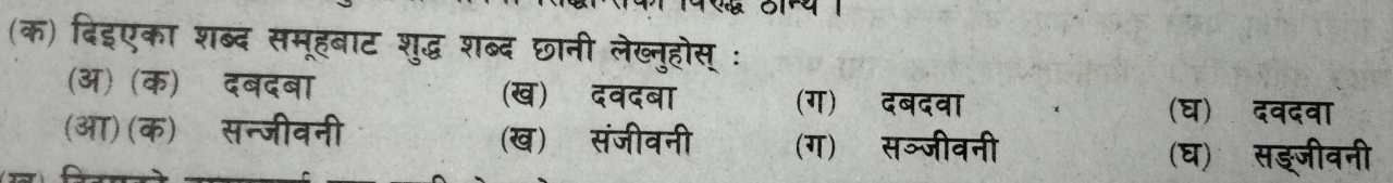 (क) दिइएका शब्द समूहबाट शुद्ध शब्द छानी लेख्नुहोस् :
(ऑ) (क) दबदबा (ख) दवदबा (ग) दबदवा
(आ) (क) सन्जीवनी
(घ) दवदवा
(ख) संजीवनी (ग) सञ्जीवनी
(घ) सङ्जीवनी