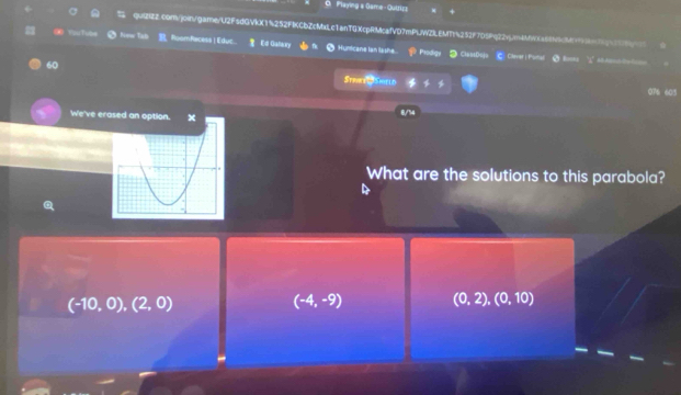 Flaying a Game - Quuu
quQR2.com/join/game/U2F5dGVkX15252FIKCbZcMxLc1anTGXcpRMcafVD7mPLWZILEMTY4252F7D5Pq22v6m4ffWXa05N4cMc7c
== YouTuờs New Tab | RoomRacess | Educ. Ed Galnky Humicane Ian lashe Pisdgy 2 ClasaDeja ② Cherer: Pomal ③ Boons ∵ an__C __ 
60
StemeSmeld 07% 603
We've erased an option. X 6/14
What are the solutions to this parabola?
(-10,0),(2,0)
(-4,-9) (0,2),(0,10)