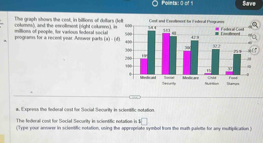 Save 
The graph shows the cost, in billions of dollars (left Cost and Enrollment for Federal Programs 
columns), and the enrollment (right columns), i 
millions of people, for various federal social 
programs for a recent year. Answer parts (a) - ( 
a. Express the federal cost for Social Security in scientific notation. 
The federal cost for Social Security in scientific notation is $□. 
(Type your answer in scientific notation, using the appropriate symbol from the math palette for any multiplication.)