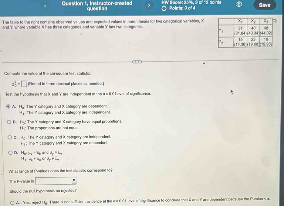 Question 1, Instructor-created HW Score: 25%, 3 of 12 points Save
question Points: 0 of 4
The table to the right contains observed values and expected values in parentheses for two categorical variables, X
and Y, where variable X has three categories and variable Y has two categories.
Compute the value of the chi-square test statistic.
x_0^(2=□ (Round to three decimal places as needed.)
Test the hypothesis that X and Y are independent at the alpha =0.01 level of significance.
A. H_0) : The Y category and X category are dependent.
H_1 : The Y category and X category are independent.
B. H_0 : The Y category and X category have equal proportions.
H_1 : The proportions are not equal.
C. H_0 : The Y category and X category are independent.
H_1 : The Y category and X category are dependent.
D. H_0:mu _x=E_k and mu _y=E_y
H_1:mu _x!= E_x or mu _y!= E_y
What range of P-values does the test statistic correspond to?
The P-value is
Should the null hypothesis be rejected?
A. Yes, reject H_0. There is not sufficient evidence at the alpha =0.01 level of significance to conclude that X and Y are dependent because the P-value < α.