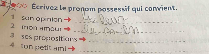 3 Écrivez le pronom possessif qui convient. 
1 son opinion_ 
_ 
2 mon amour 
3 ses propositions_ 
4 ton petit ami_