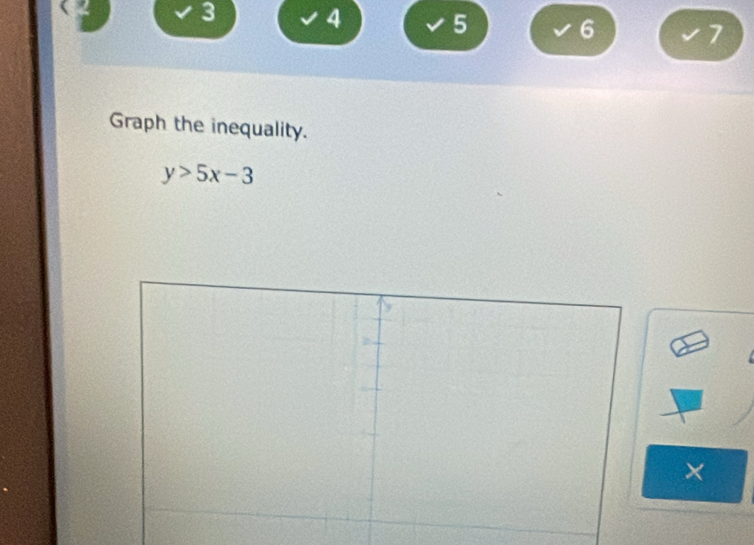 3
4
5
6
7 
Graph the inequality.
y>5x-3
X