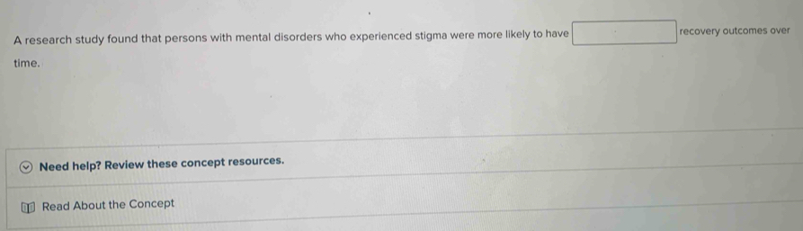 A research study found that persons with mental disorders who experienced stigma were more likely to have □ recovery outcomes over 
time. 
Need help? Review these concept resources. 
Read About the Concept