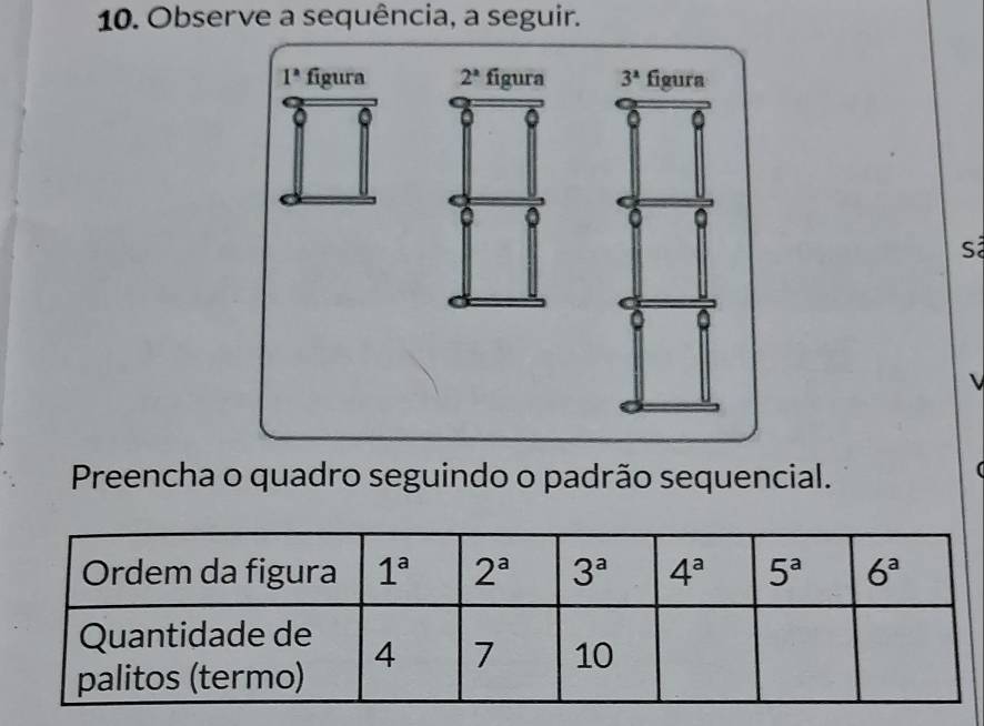 Observe a sequência, a seguir.
1^a figura 2^a figura 3^x figura
sã
Preencha o quadro seguindo o padrão sequencial.