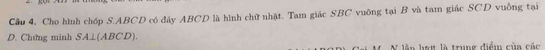 Cho hình chóp S. ABCD có đáy ABCD là hình chữ nhật. Tam giác SBC vuông tại B và tam giác SCD vuồng tại 
D. Chứng minh SA⊥ (ABCD)
N lần lượt là trung điểm của các