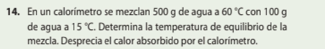 En un calorímetro se mezclan 500 g de agua a 60°C con 100 g
de agua a 15°C. Determina la temperatura de equilibrio de la 
mezcla. Desprecia el calor absorbido por el calorímetro.