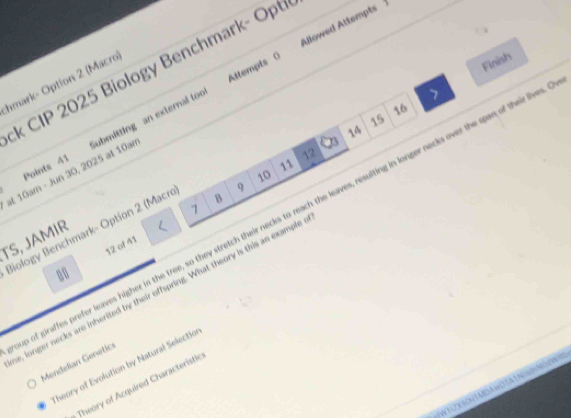 CIP 2025 Biology Benchmark- Optí
hmark- Option 2 (Macro
Finish
Points 41 Submitting an external to Attempts 0 Illowed Attempts
16
15
14
12
11
at 10am - Jun 30, 2025 at 10ar
10
9
7
of giraffes prefer leaves higher in the tree, so they stretch their necks to reach the leaves, resulting in longer necks over the span of their live
Biology Benchmark- Option 2 (Macro
B
TS, JAMIR
12 of 41
e, longer necks are inherited by their offspring. What theory is this an example
Mondelían Genetic
heory of Evolution by Natural Selectio
Theory of Acquired Characteristlc
WTOX SOU MDAWO TA1 NUIn NC