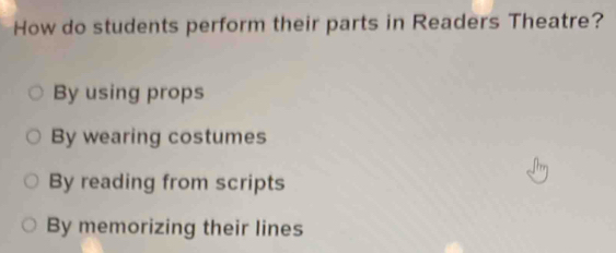 How do students perform their parts in Readers Theatre?
By using props
By wearing costumes
By reading from scripts
By memorizing their lines