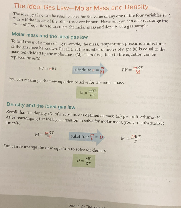 Solved: The Ideal Gas Law—Molar Mass and Density The ideal gas law can ...