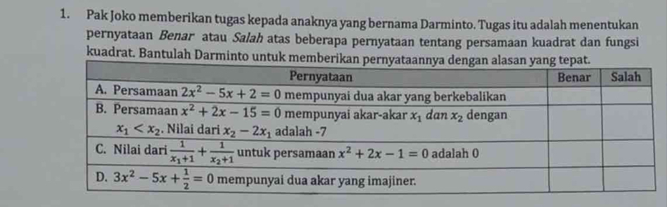 Pak Joko memberikan tugas kepada anaknya yang bernama Darminto. Tugas itu adalah menentukan
pernyataan Benar atau Salah atas beberapa pernyataan tentang persamaan kuadrat dan fungsi
kuadrat. Bantulah Darmin