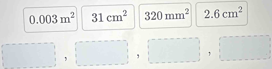 0.003m^2 31cm^2 320mm^2 2.6cm^2
□ ,□ ,□