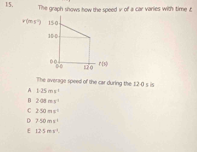 15, The graph shows how the speed v of a car varies with time t
v(ms^(-1))
The average speed of the car during the 12·0 s is
A 1.25ms^(-1)
B 2· 08ms^(-1)
C 2· 50ms^(-1)
D 7.50ms^(-1)
E 12.5ms^(-1).