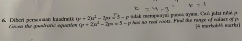 Diberi persamaan kuadratik (p+2)x^2-2px=5-p tidak mempunyai punca nyata. Cari julat nilai p. 
Given the quadratic equation (p+2)x^2-2px=5-p has no real roots. Find the range of values of p. 
[4 markah/4 marks]