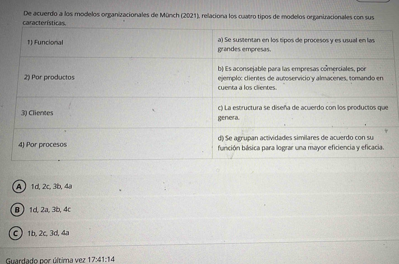 De acuerdo a los modelos organizacionales de Münch (2021), relaciona los cuatro tipos de modelos organizacionales con sus
A 1d, 2c, 3b, 4ª
B  1d, 2a, 3b, 4c
C 1b, 2c, 3d, 4a
Guardado por última vez 17:41:14