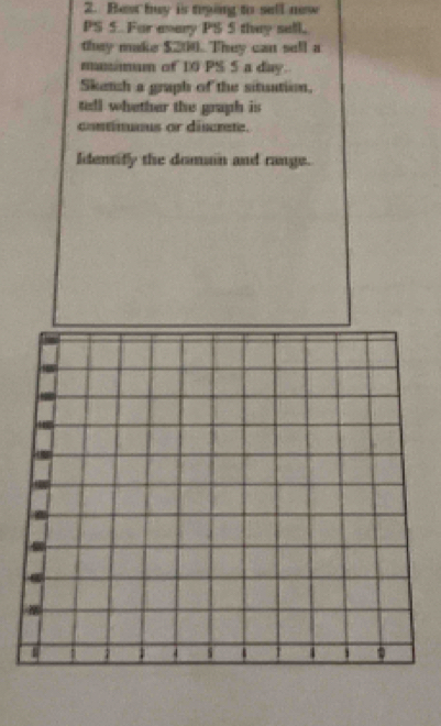 Best buy is teying to sell new 
PS 5 For enary PS 5 they sell. 
they make $200. They can sell a 
munimum of 10 PS 5 a day. 
Sketch a graph of the situution. 
tell whether the graph is 
continuuus or discrate. 
ldentify the domain and range.