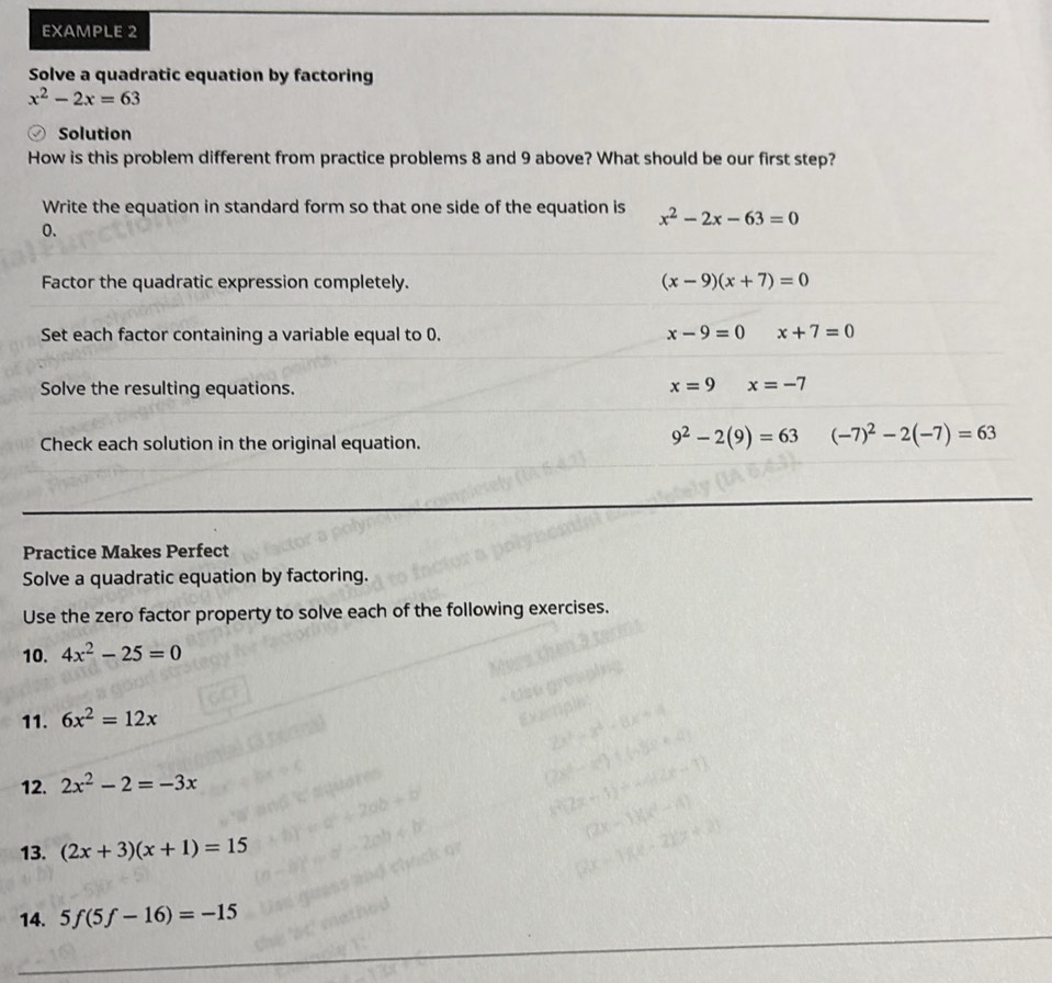 Solved: EXAMPLE 2 Solve a quadratic equation by factoring x^2-2x=63 ...