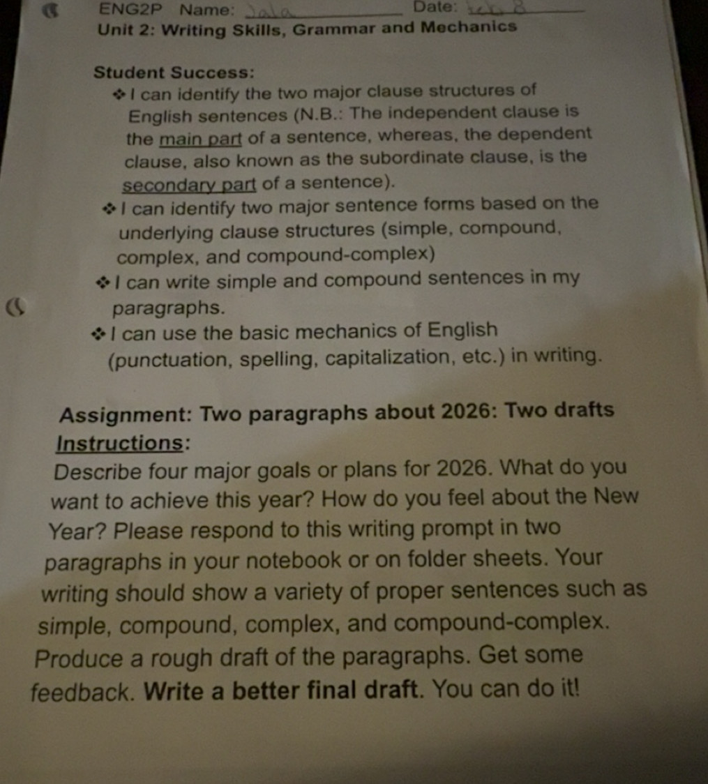 Solved: ENG2P Name: _Date:_ Unit 2: Writing Skills, Grammar and ...