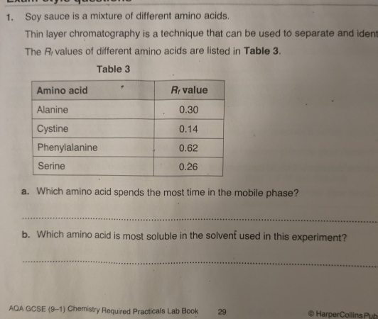 Soy sauce is a mixture of different amino acids. 
Thin layer chromatography is a technique that can be used to separate and ident 
The Rvalues of different amino acids are listed in Table 3. 
Table 3 
a. Which amino acid spends the most time in the mobile phase? 
_ 
b. Which amino acid is most soluble in the solvent used in this experiment? 
_ 
AQA GCSE (9-1) Chemistry Required Practicals Lab Book 29 。 HarperCollins Pub