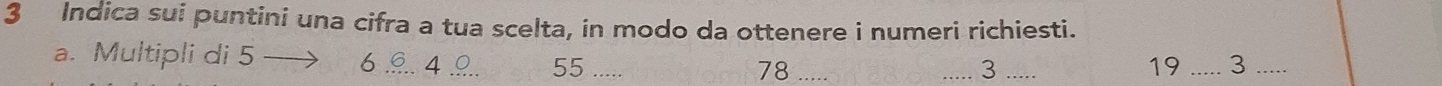 Indica sui puntini una cifra a tua scelta, in modo da ottenere i numeri richiesti. 
a. Multipli di 5
6 4. 9. 55 _ 78 _ _ 3.....
19 _ 3 _