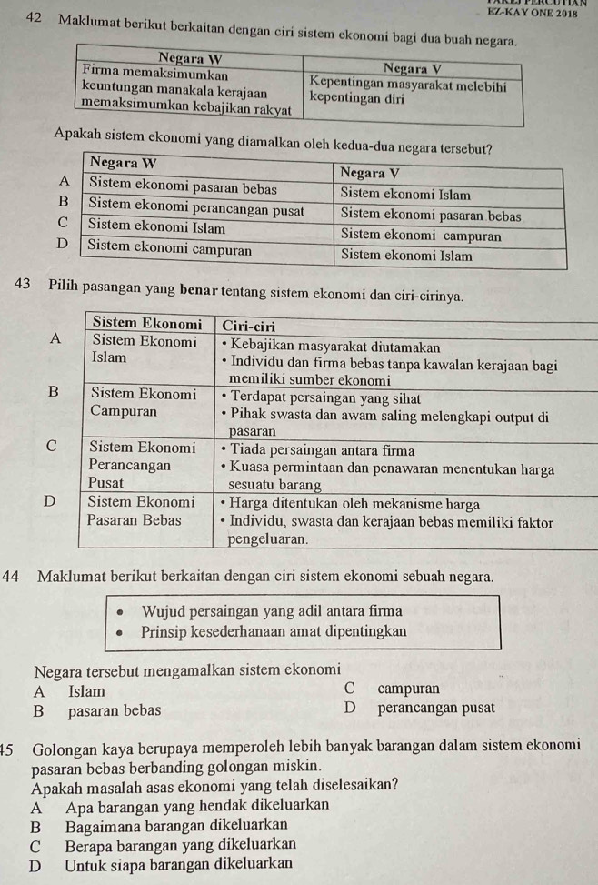 EZ-KAY ONE 2018
42 Maklumat berikut berkaitan dengan ciri sistem ekonomi bagi dua 
Apakah sistem ekonomi yang diamalkan oleh
43 Pilih pasangan yang benar tentang sistem ekonomi dan ciri-cirinya.
44 Maklumat berikut berkaitan dengan ciri sistem ekonomi sebuah negara.
Wujud persaingan yang adil antara firma
Prinsip kesederhanaan amat dipentingkan
Negara tersebut mengamalkan sistem ekonomi
A Islam C campuran
B pasaran bebas D perancangan pusat
45 Golongan kaya berupaya memperoleh lebih banyak barangan dalam sistem ekonomi
pasaran bebas berbanding golongan miskin.
Apakah masalah asas ekonomi yang telah diselesaikan?
A Apa barangan yang hendak dikeluarkan
B Bagaimana barangan dikeluarkan
C Berapa barangan yang dikeluarkan
D Untuk siapa barangan dikeluarkan