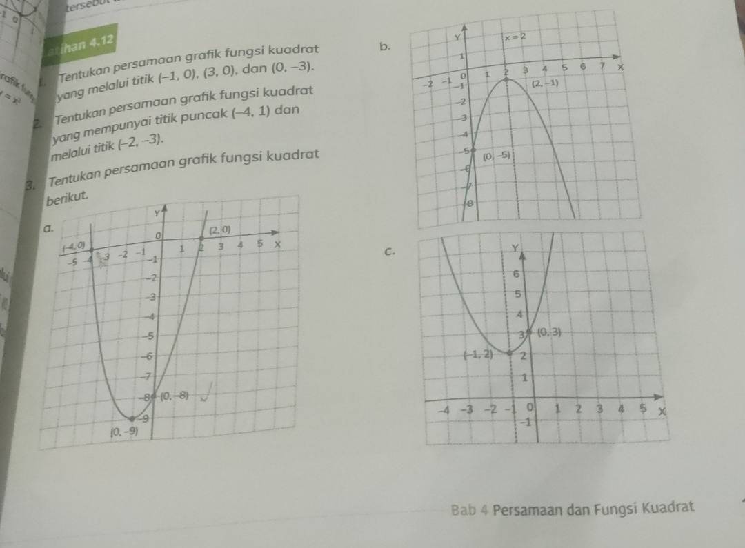 tersebU
1 。
7
a ihan 4,12
Tentukan persamaan grafik fungsi kuadrat b.
x=x^2 yang melalui titik (-1,0),(3,0) , dan (0,-3).
afik fue
2.  Tentukan persamaan grafik fungsi kuadrat
yang mempunyai titik puncak (-4,1) dan
melalui titik (-2,-3).
3. Tentukan persamaan grafik fungsi kuadrat

C.
6
a
 
Bab 4 Persamaan dan Fungsi Kuadrat