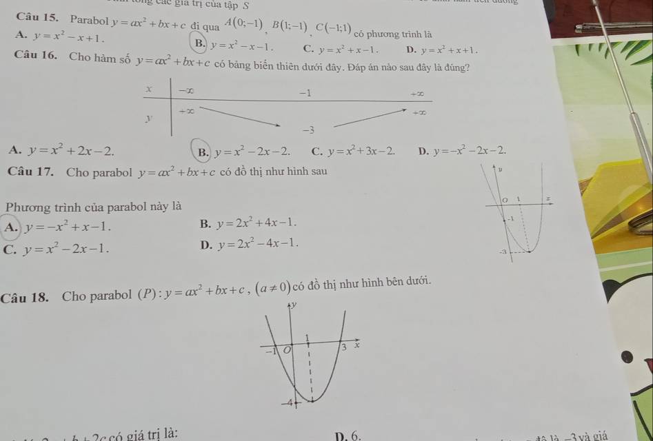 tổng các gia trị của tập S
Câu 15. Parabol y=ax^2+bx+c đi qua A(0;-1)B(1;-1)C(-1;1) có phương trình là
A. y=x^2-x+1. B. y=x^2-x-1. C. y=x^2+x-1. D. y=x^2+x+1. 
Câu 16. Cho hàm số y=ax^2+bx+c có bảng biển thiên dưới đây. Đáp án nào sau đây là đúng?
A. y=x^2+2x-2. B. y=x^2-2x-2. C. y=x^2+3x-2. D. y=-x^2-2x-2. 
Câu 17. Cho parabol y=ax^2+bx+c có đồ thị như hình sau 
Phương trình của parabol này là
A. y=-x^2+x-1.
B. y=2x^2+4x-1.
C. y=x^2-2x-1.
D. y=2x^2-4x-1. 
Câu 18. Cho parabol (P):y=ax^2+bx+c, (a!= 0) có đồ thị như hình bên dưới.
c giá trị là: D. 6.
là là - 3 và giả