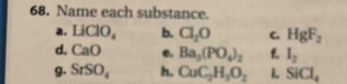 Name each substance. 
a. LiClO_4 b. Cl_2O C. HgF_2
d. CaO e. Ba_3(PO_4)_2 f l_2
g. SrSO_4 h. CuC_2H_3O_2 i. SiCl_4