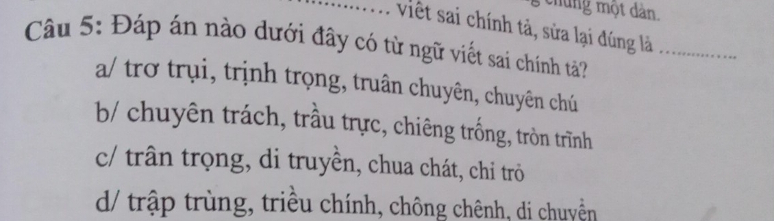 hung một dàn.
_* việ t sai chính tà, sửa lại đúng là
Câu 5: Đáp án nào dưới đây có từ ngữ viết sai chính tả?_
a/ trợ trụi, trịnh trọng, truân chuyên, chuyên chú
b/ chuyên trách, trầu trực, chiêng trống, tròn trình
c/ trân trọng, di truyền, chua chát, chỉ trò
d/ trập trùng, triều chính, chông chênh, di chuyền