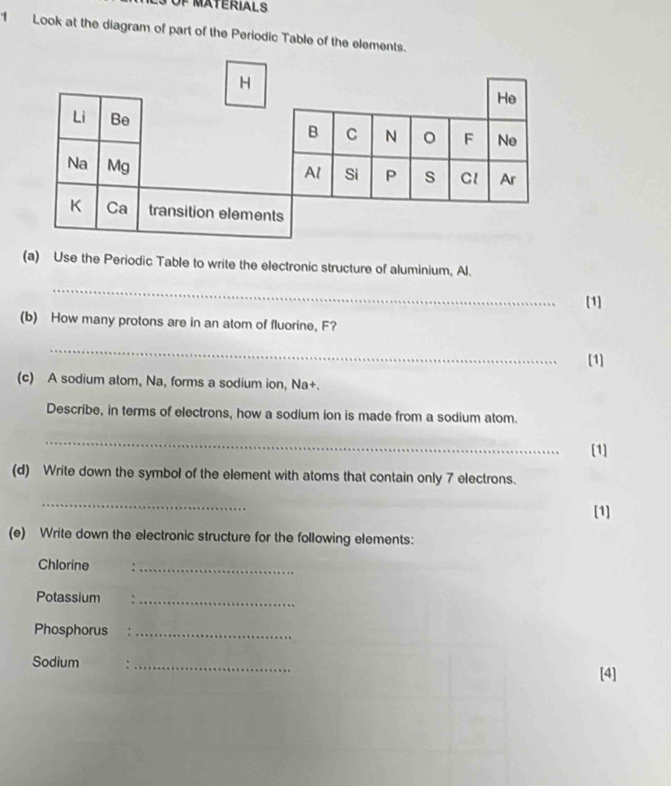 Of MATERIALS 
1 Look at the diagram of part of the Periodic Table of the elements. 
(a) Use the Periodic Table to write the electronic structure of aluminium, Al. 
_ 
[1] 
(b) How many protons are in an atom of fluorine, F? 
_ 
[1] 
(c) A sodium atom, Na, forms a sodium ion, Na+. 
Describe, in terms of electrons, how a sodium ion is made from a sodium atom. 
_ 
[1] 
(d) Write down the symbol of the element with atoms that contain only 7 electrons. 
_ 
[1] 
(e) Write down the electronic structure for the following elements: 
Chlorine 
_ 
Potassium :_ 
Phosphorus ∴_ 
Sodium :_ [4]