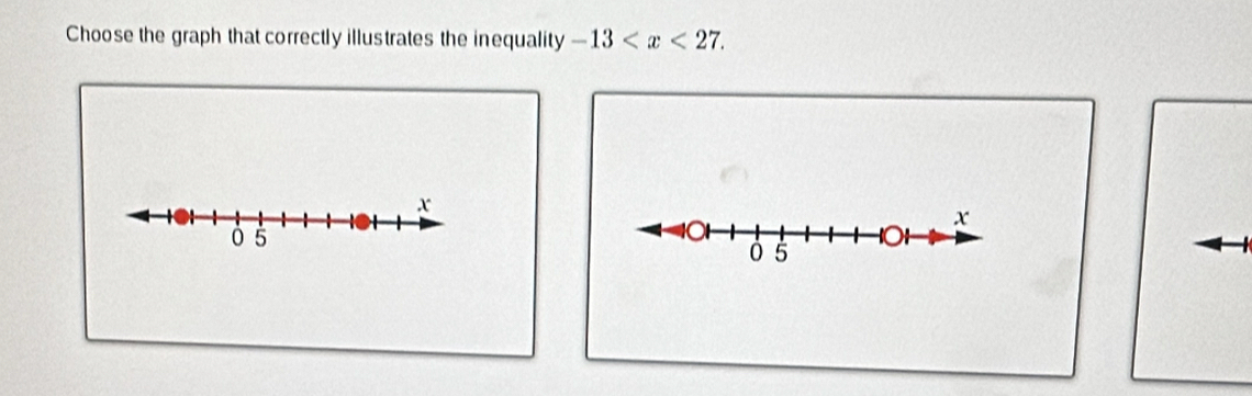 Choose the graph that correctly illustrates the inequality -13 .
x
0 5