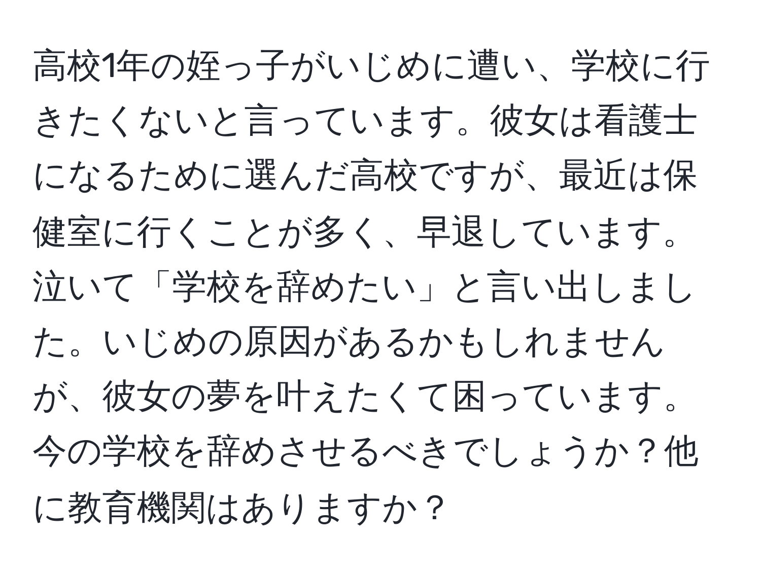 高校1年の姪っ子がいじめに遭い、学校に行きたくないと言っています。彼女は看護士になるために選んだ高校ですが、最近は保健室に行くことが多く、早退しています。泣いて「学校を辞めたい」と言い出しました。いじめの原因があるかもしれませんが、彼女の夢を叶えたくて困っています。今の学校を辞めさせるべきでしょうか？他に教育機関はありますか？