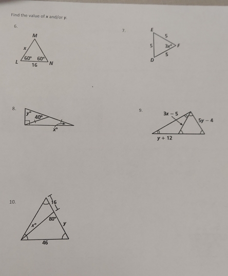 Find the value of x and/or y.
6.
7. 
8.
9.
10.