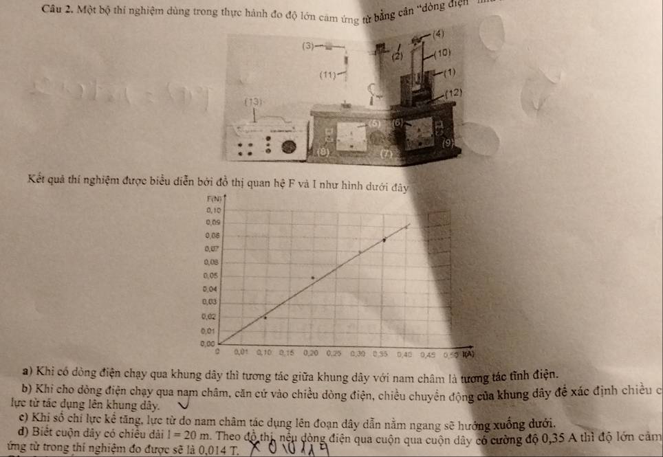 Một bộ thí nghiệm dùng trong thực hành đo độ lớn cam ứng từ bằng cân “dòng điện 
Kết quả thí nghiệm được biểu diễn bởi đồ thị quan hệ F và I như hình dướ 
a) Khi có dòng điện chạy qua khung dây thì tương tác giữa khung dây với nam châm là tương tác tĩnh điện. 
b) Khi cho dòng điện chạy qua nam châm, căn cứ vào chiều dòng điện, chiều chuyền động của khung dây để xác định chiều c 
lực từ tác dụng lên khung dây. 
c) Khi số chỉ lực kể tăng, lực từ do nam châm tác dụng lên đoạn dây dẫn nằm ngang sẽ hướng xuống dưới. 
d) Biết cuộn dây có chiều dài l=20m Theo độ thị, nếu dòng điện qua cuộn qua cuộn dây có cường độ 0,35 A thì độ lớn cảm 
ứng từ trong thí nghiệm đo được sẽ là 0,014 T.