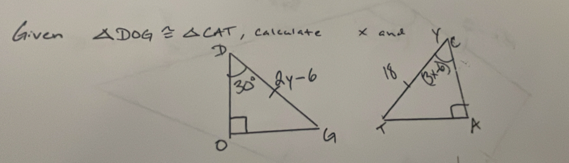 Given △ DOG≌ △ CAT , Calculate x and