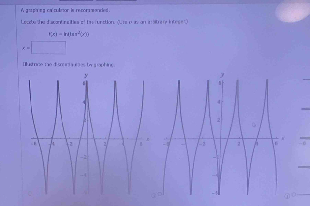 A graphing calculator is recommended. 
Locate the discontinuities of the function. (Use n as an arbitrary integer.)
f(x)=ln (tan^2(x))
x=
Illustrate the discontinuities by graphing
-8
。