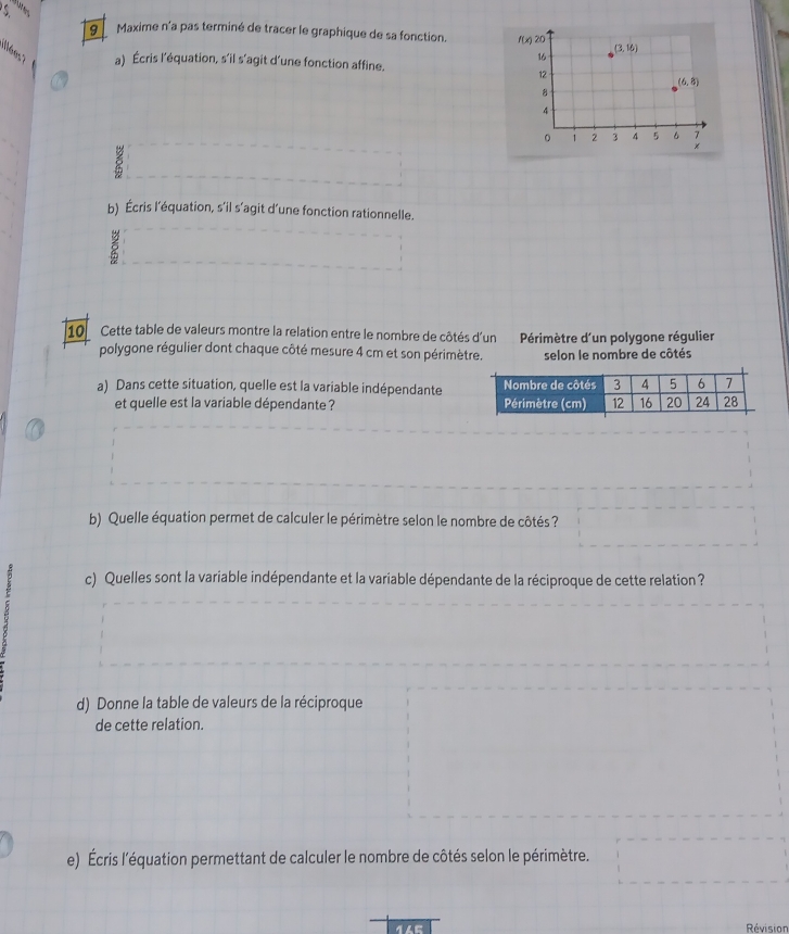 Maxime n'a pas terminé de tracer le graphique de sa fonction. 
l  ées a) Écris l'équation, s’il s’agit d’une fonction affine.
b) Écris l’équation, s’il s’agit d’une fonction rationnelle.
5
10  Cette table de valeurs montre la relation entre le nombre de côtés d'un Périmètre d'un polygone régulier
polygone régulier dont chaque côté mesure 4 cm et son périmètre. selon le nombre de côtés
a) Dans cette situation, quelle est la variable indépendante
et quelle est la variable dépendante ? 
b) Quelle équation permet de calculer le périmètre selon le nombre de côtés ?
c) Quelles sont la variable indépendante et la variable dépendante de la réciproque de cette relation ?
d) Donne la table de valeurs de la réciproque
de cette relation.
e) Écris l'équation permettant de calculer le nombre de côtés selon le périmètre.
Révision