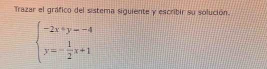 Trazar el gráfico del sistema siguiente y escribir su solución.
beginarrayl -2x+y=-4 y=- 1/2 x+1endarray.