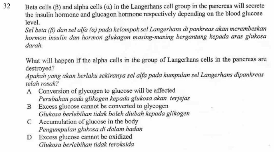 Beta cells (β) and alpha cells (α) in the Langerhans cell group in the pancreas will secrete
the insulin hormone and glucagon hormone respectively depending on the blood glucose
level.
Sel beta (β) dan sel alfa (α) pada kelompok sel Langerhans di pankreas akan merembeskan
hormon insulin dan hormon glukagon masing-masing bergantung kepada aras glukosa
darah.
What will happen if the alpha cells in the group of Langerhans cells in the pancreas are
destroyed?
Apakah yang akan berlaku sekiranya sel alfa pada kumpulan sel Langerhans dipankreas
telah rosak?
A Conversion of glycogen to glucose will be affected
Perubahan pada glikogen kepada glukosa akan terjejas
B Excess glucose cannot be converted to glycogen
Glukosa berlebihan tidak boleh diubah kepada glikogen
C Accumulation of glucose in the body
Pengumpulan glukosa di đalam badan
D Excess glucose cannot be oxidized
Glukosa berlebihan tidak teroksida