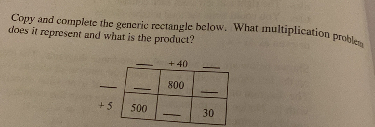 Copy and complete the generic rectangle below. What multiplication problem 
does it represent and what is the product? 
+