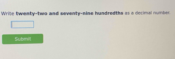 Write twenty-two and seventy-nine hundredths as a decimal number. 
Submit